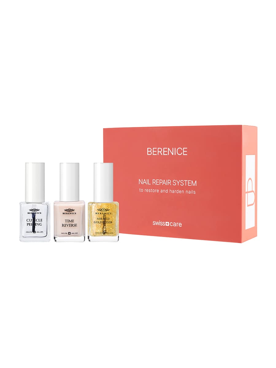 BERENICE Golden harmony set Набор для восстановления и укрепления ногтей (Cuticle peeling 15 ml, Time reverse 15 ml, Miracle Gold Elixir 15 ml)
