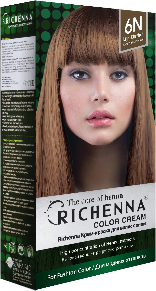 Richenna Крем-краска для волос с хной № 6N (Light Chestnut) (новая упаковка)